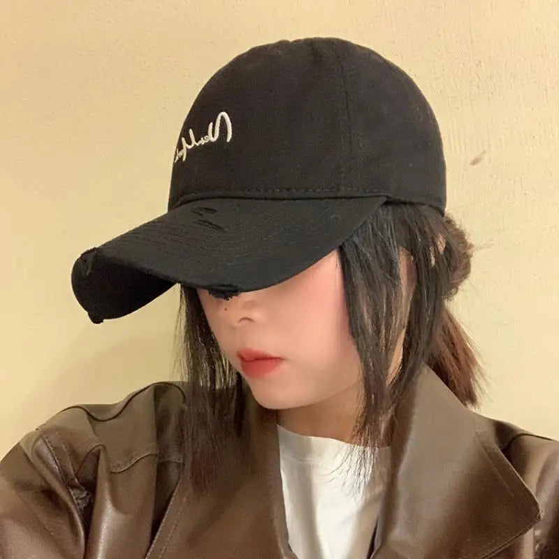 Distressed Perforated Duckbill Cap Cotton Baseball Cap