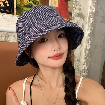 Fashion Summer Plaid Bucket Cap Curled Bow Plaid Sun Hat