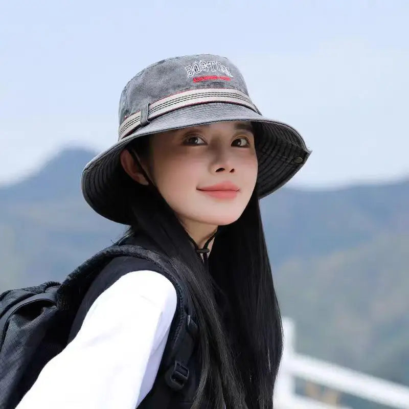 Washed Denim Bucket Hat Boston Embroidery Wide Brim Sun Hat
