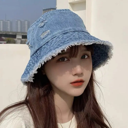 Vintage Denim Bucket Hat For Women Tassel Holes Panama Fisherman Cap