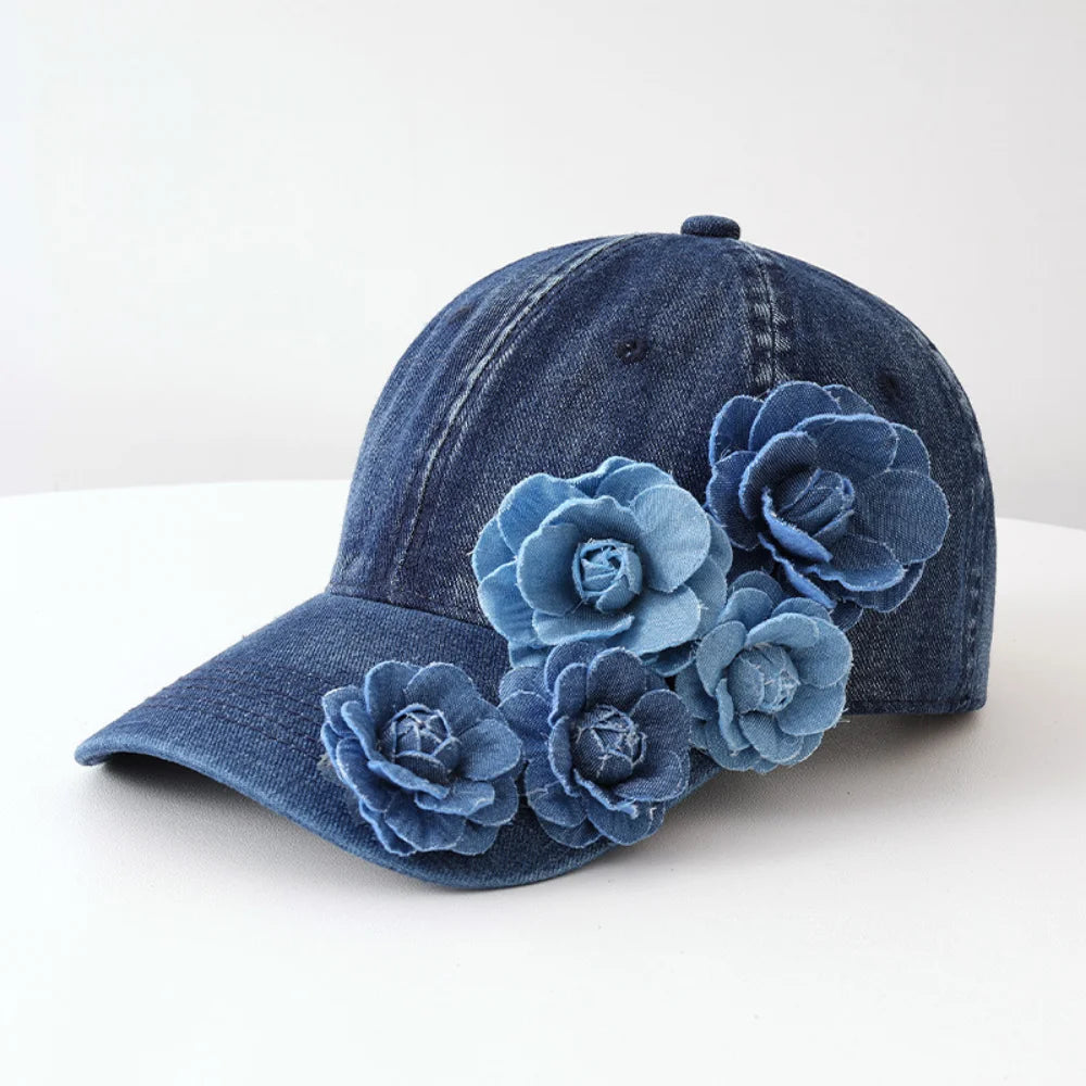 Three-Dimensional 5-Flower Fabric Flower Denim Baseball Cap