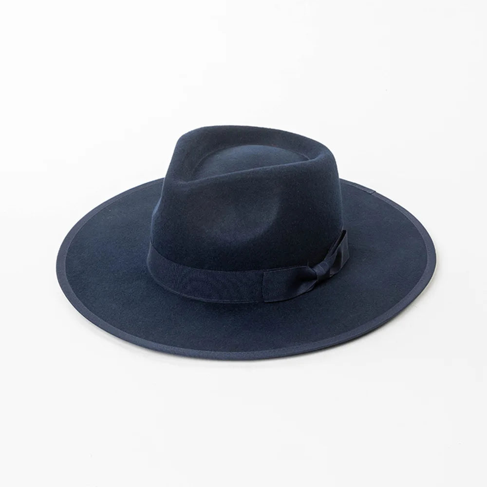 New British 100% Wool Fedoras Hat Women Retro Jazz Top Bow Felt Hat Men