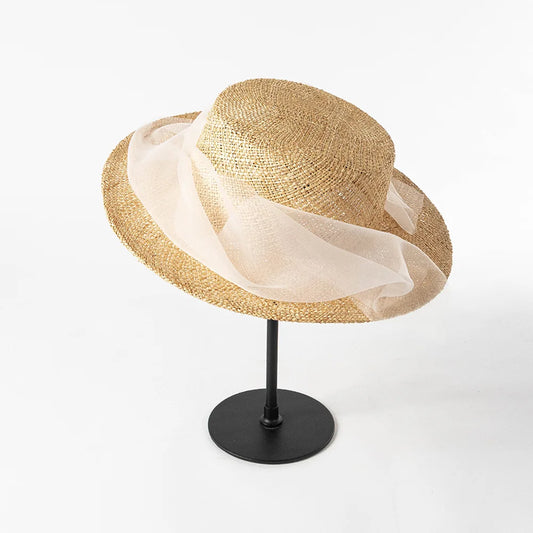 Vintage Veil Straw Boater Hat Women Bridal Inspired Flat Top Sun Hat