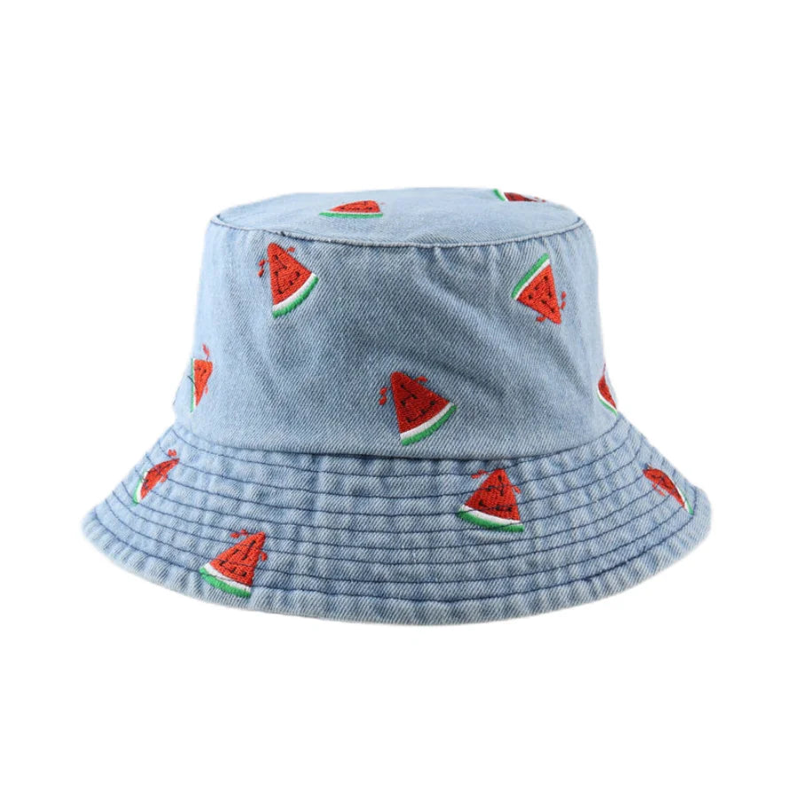 Spring Summer Strawberry Embroidery Denim  Bucket Hat