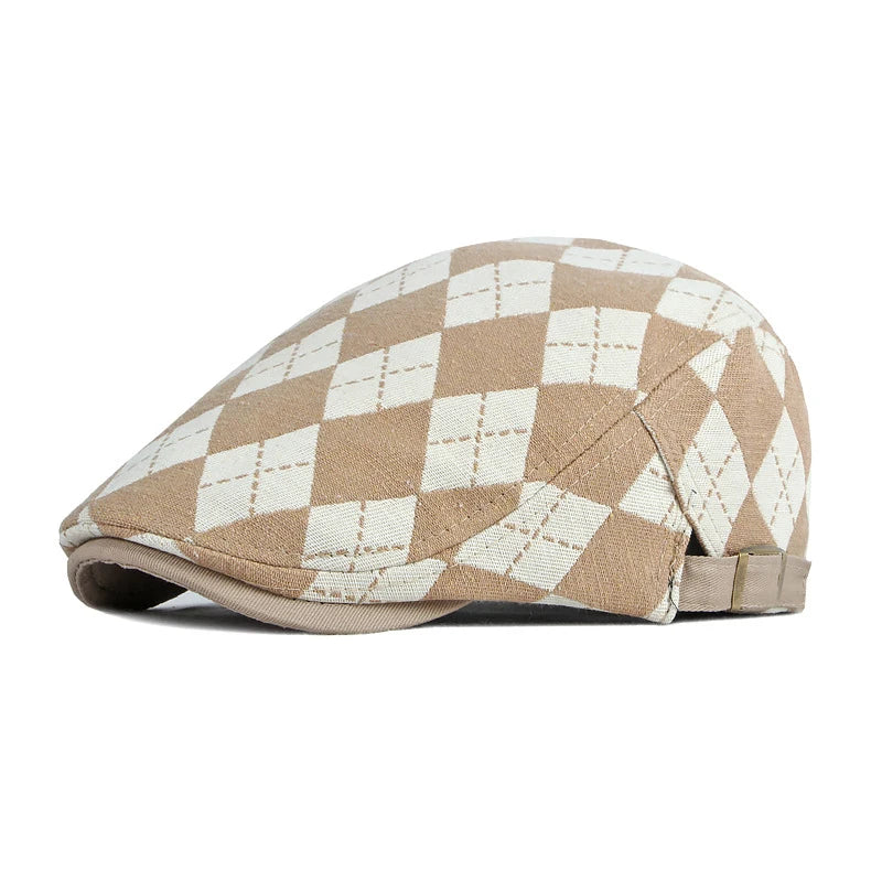 Spring Fall Men's Beret Hat Retro Plaid Herringbone Cap Forward Flat Peaked Cap