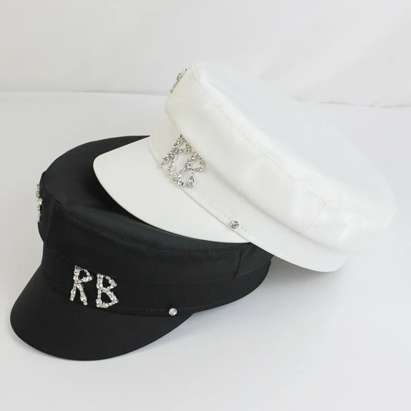 Brand Designer Satin Diamond R B Letter Newsboy Caps Women Flat Hat