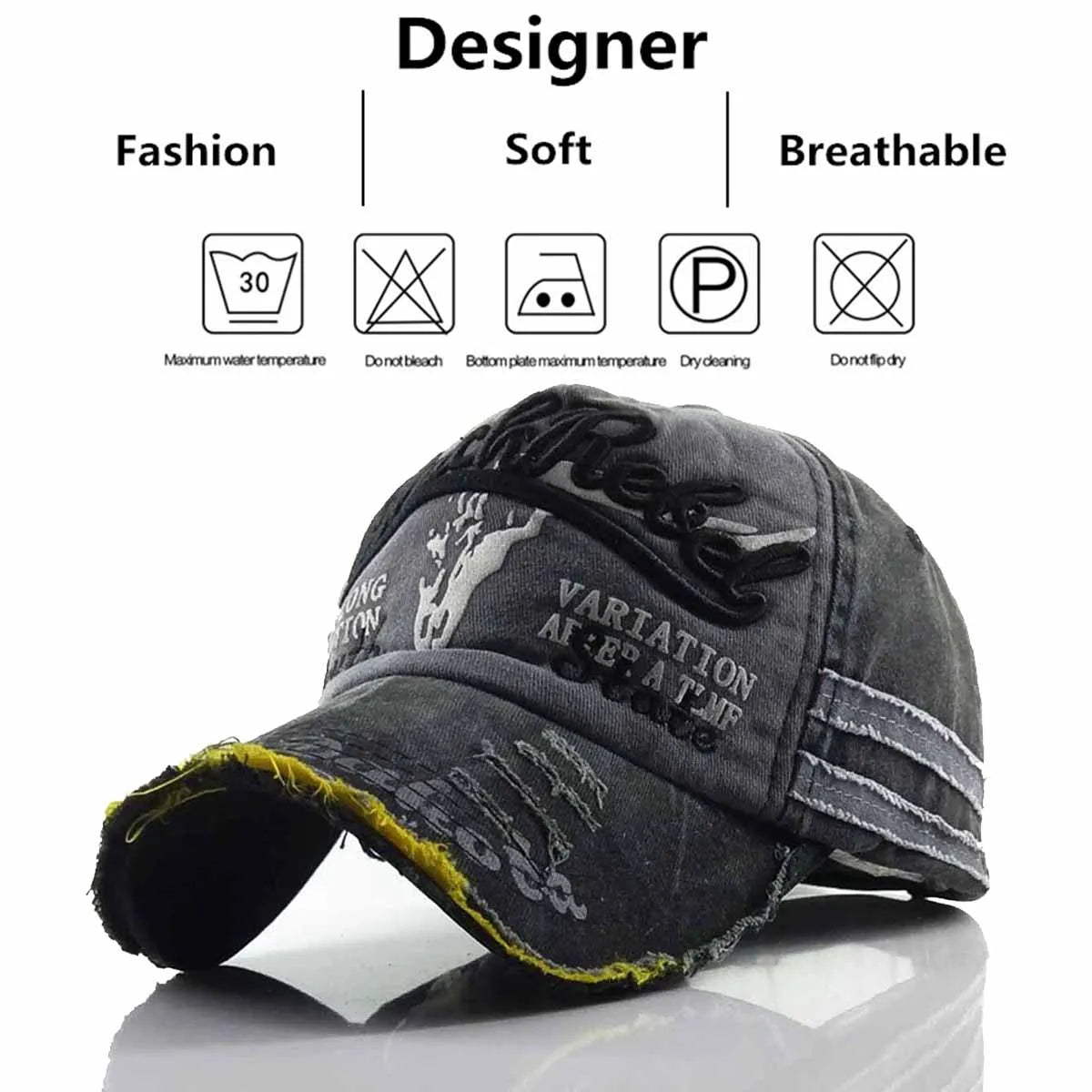 Unisex Black Rebel Letter Embroidery Wash Baseball Caps