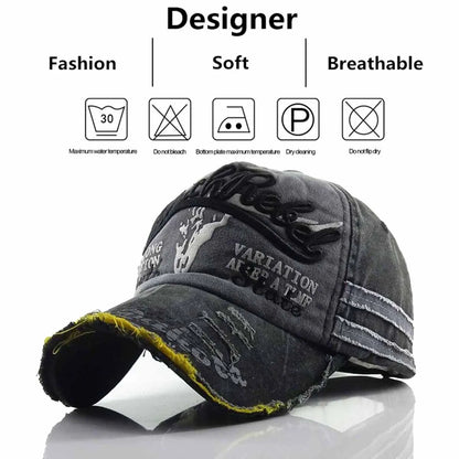 Unisex Black Rebel Letter Embroidery Wash Baseball Caps