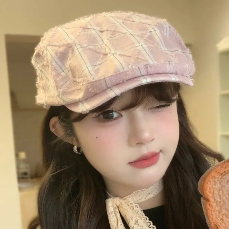 Korean Fashion Plaid Women's Berets Spring Autumn Octagonal Painter Cap