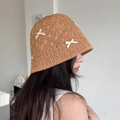 Korean Bowknot Straw Hat For Women Outdoor