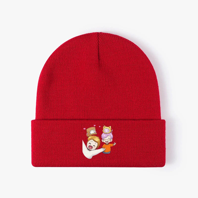 Cute Cartoon Friends Black Ribbed Knit Beanie Hat