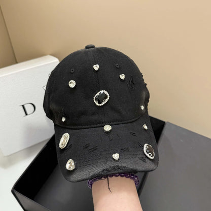 Luxury Rhinestone Hole Cotton Washed Baseball Cap