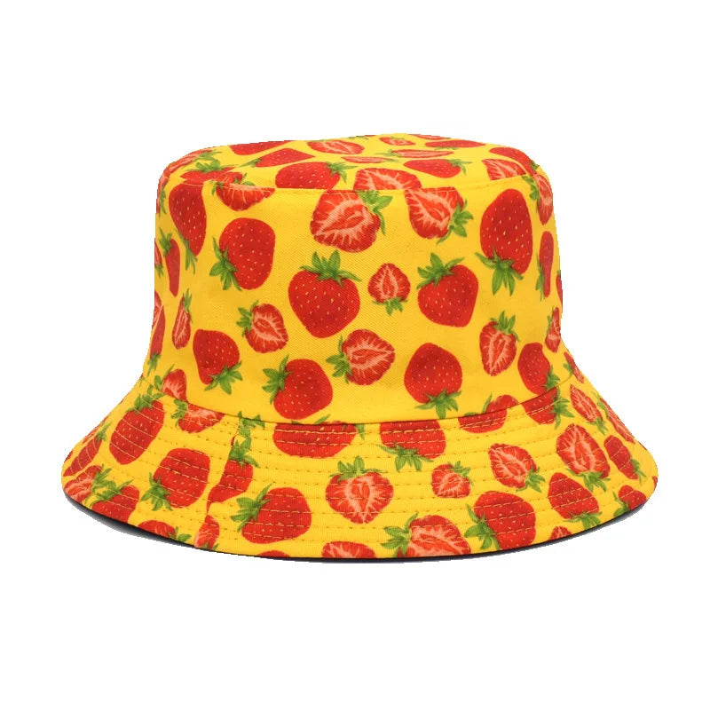 Reversible Strawberry Fruit Print Bucket Hats Women Men Summer