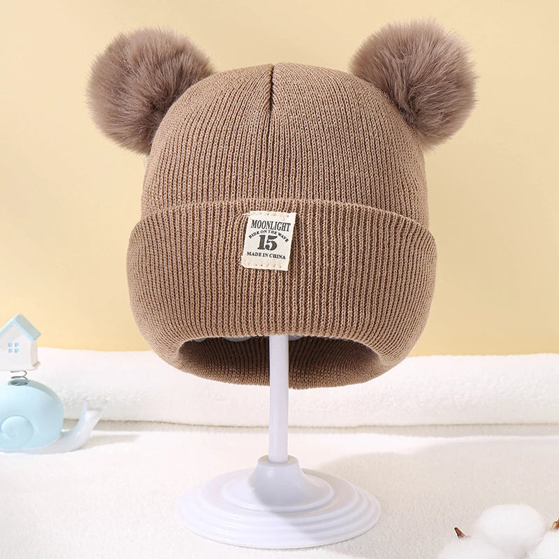 Autumn Winter Baby Warm Knitted Hats With Pom Kids Knit Beanie Hat Solid Color Children Hat