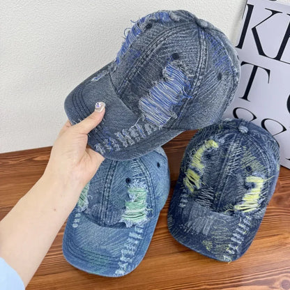 Soft Top Distressed Baseball Cap with Holes, Unisex Washed Vintage Sun Hat