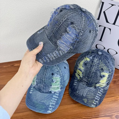 Soft Top Distressed Baseball Cap with Holes, Unisex Washed Vintage Sun Hat