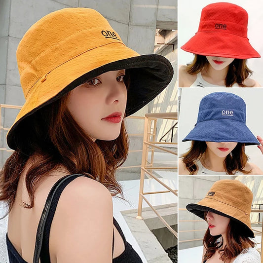 Womens ‘ONE‘ Letter Embroidery Double-Sided Cotton Bucket Hat