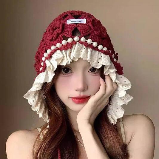 Casual Pearl Tassels Crochet Flower Knitted Hat