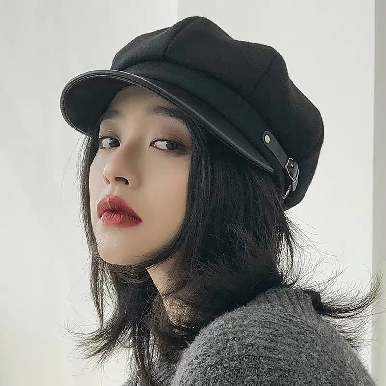 Winter Beret Newsboy Hat For Women Vintage Soft Woolen Octagonal Cap