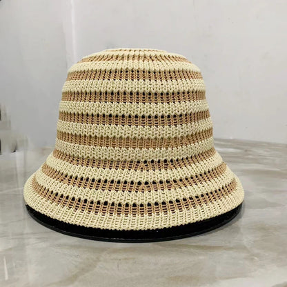 Striped Hollow Women Bucket Hat Spring Summer Outdoor