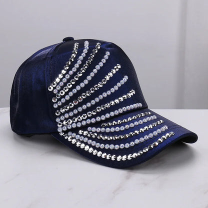 Satin Imitation Pearl Rhinestone Breathable Baseball Cap