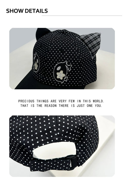 Korean Style Women Cartoon Cat Bear Ears Baseball Cap Plaid Sunshade Wing Versatile Penguin Peaked Cap