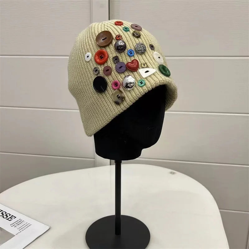Korean Designer Colorful Button Beanies Wool Hat