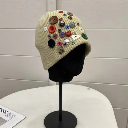 Korean Designer Colorful Button Beanies Wool Hat