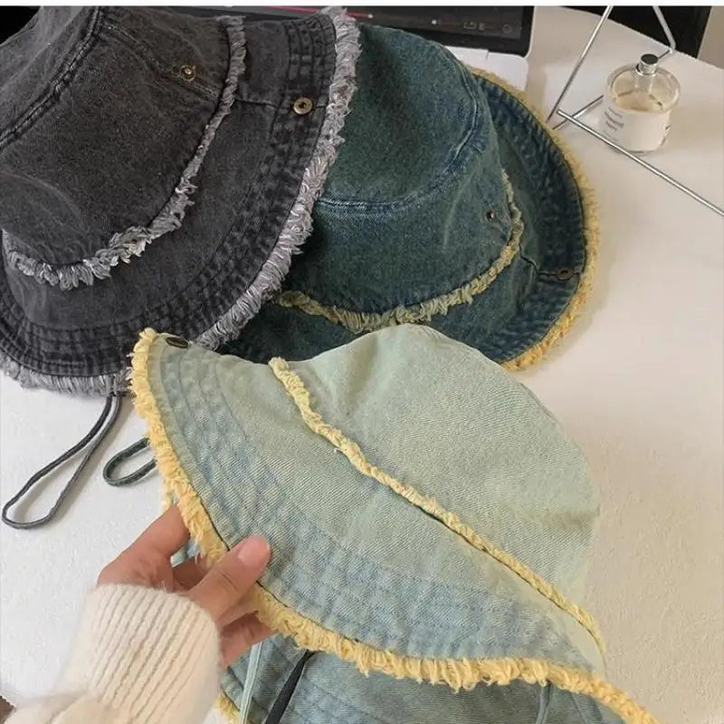 Unisex Washed Denim Bucket Hat Soft Foldable Tassel Brim Sun Hat