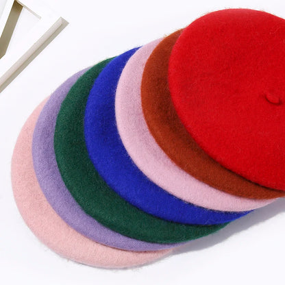 Wool Beret Hat Women Winter Thick French Hat Girls Solid Color Autumn