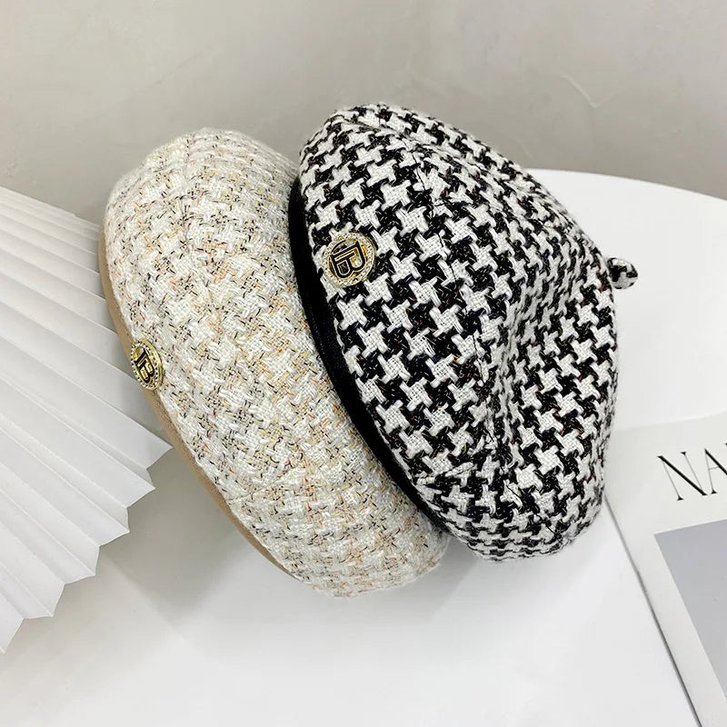 New Fashion All-Match Houndstooth Female British Retro Octagonal Hat