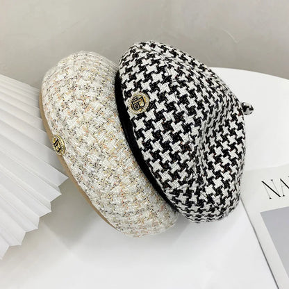 New Fashion All-Match Houndstooth Female British Retro Octagonal Hat