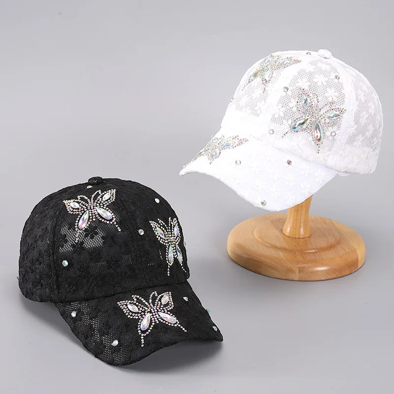 Summer Lace Flowers Baseball Caps For Women Butterfly Rhinestone