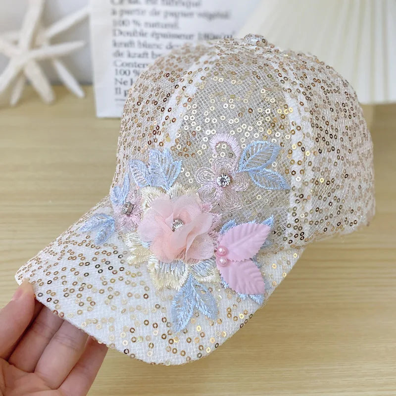 Fresh And Sweet Summer Lightweight Lace Sequin Flower Baseball Cap
