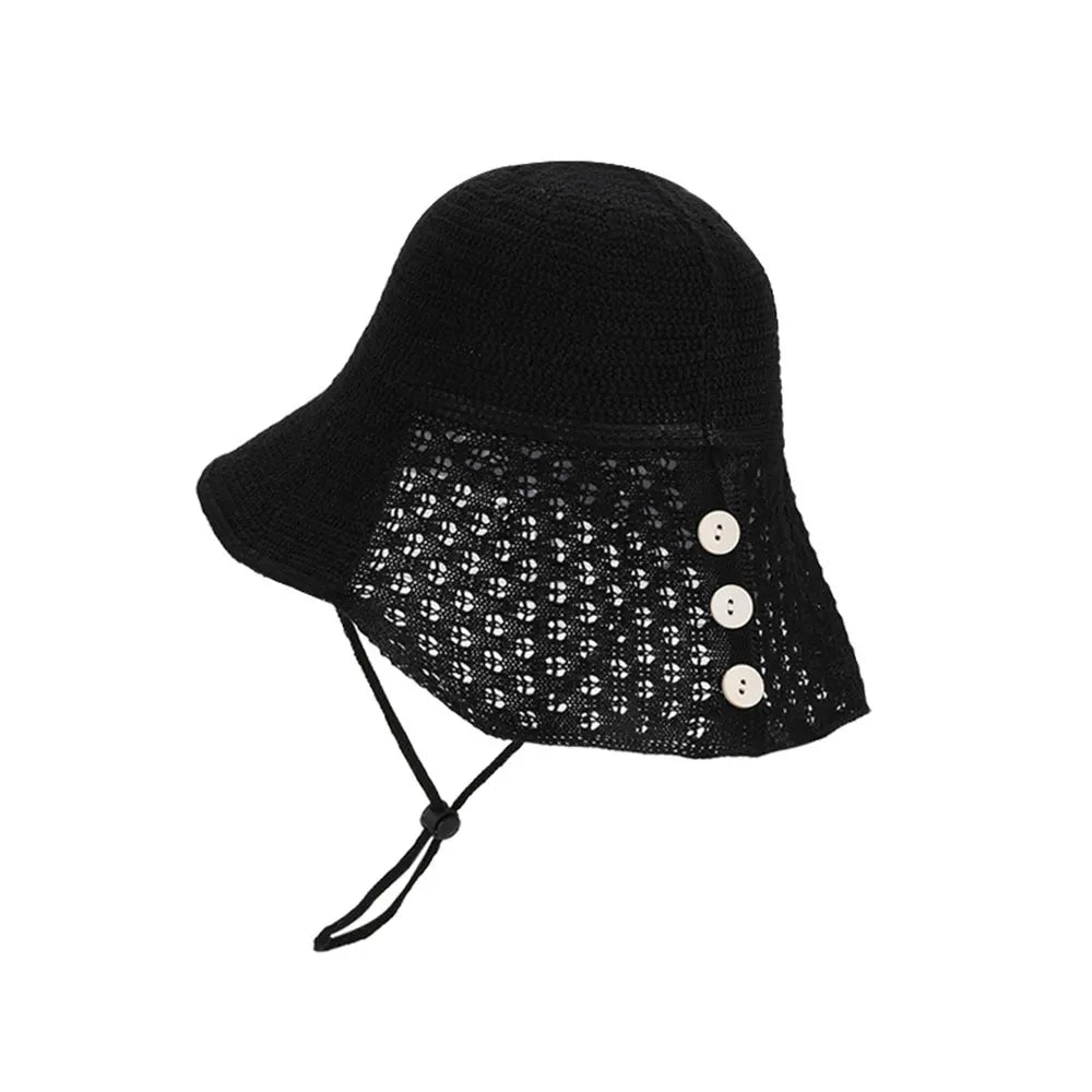 Summer Sun Hat Foldable Bucket Hats Button Design Beach Sun Protection Hat