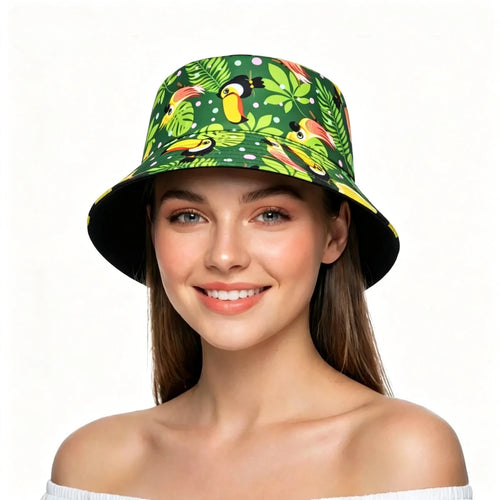 Green Leaf and Bird Pattern Bucket Hats Women Men