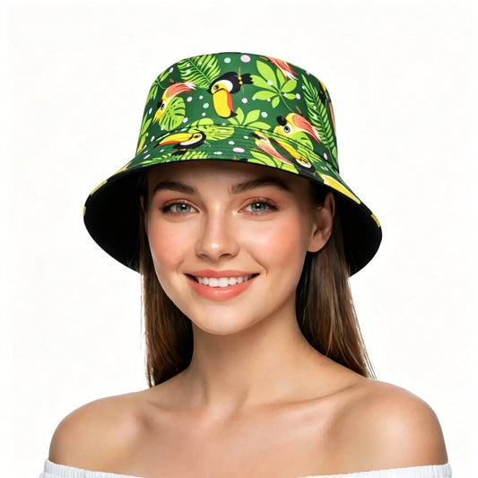 Green Leaf and Bird Pattern Bucket Hats Women Men