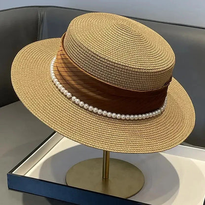 2025 Summer Elegant Pearl Chain Flat Sun Hats