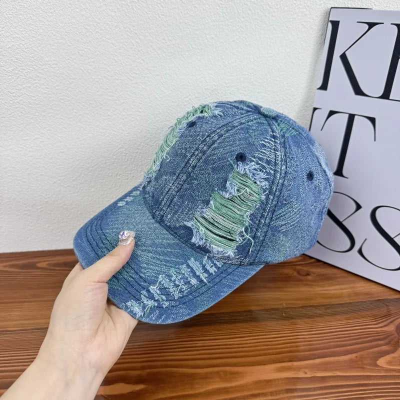 Soft Top Distressed Baseball Cap with Holes, Unisex Washed Vintage Sun Hat