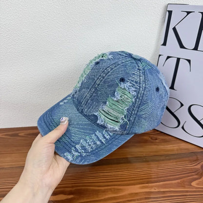 Soft Top Distressed Baseball Cap with Holes, Unisex Washed Vintage Sun Hat