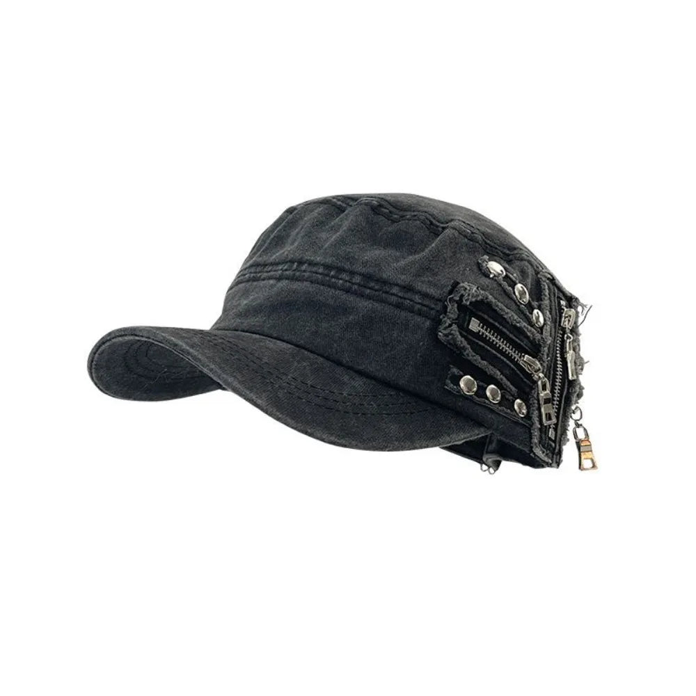 Casual Cloth Rivet Denim Beret Spice Girls Zippers Metal Rivet Flat Top Hat