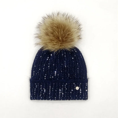 Winter Real Fox Fur Pompom Hats Sequin Skullies Beanie For Women Wool Knitted Hats