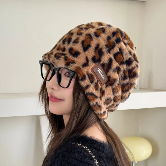 Warm Beanie Fashionable Pile Hat Leopard Print Plush Hat