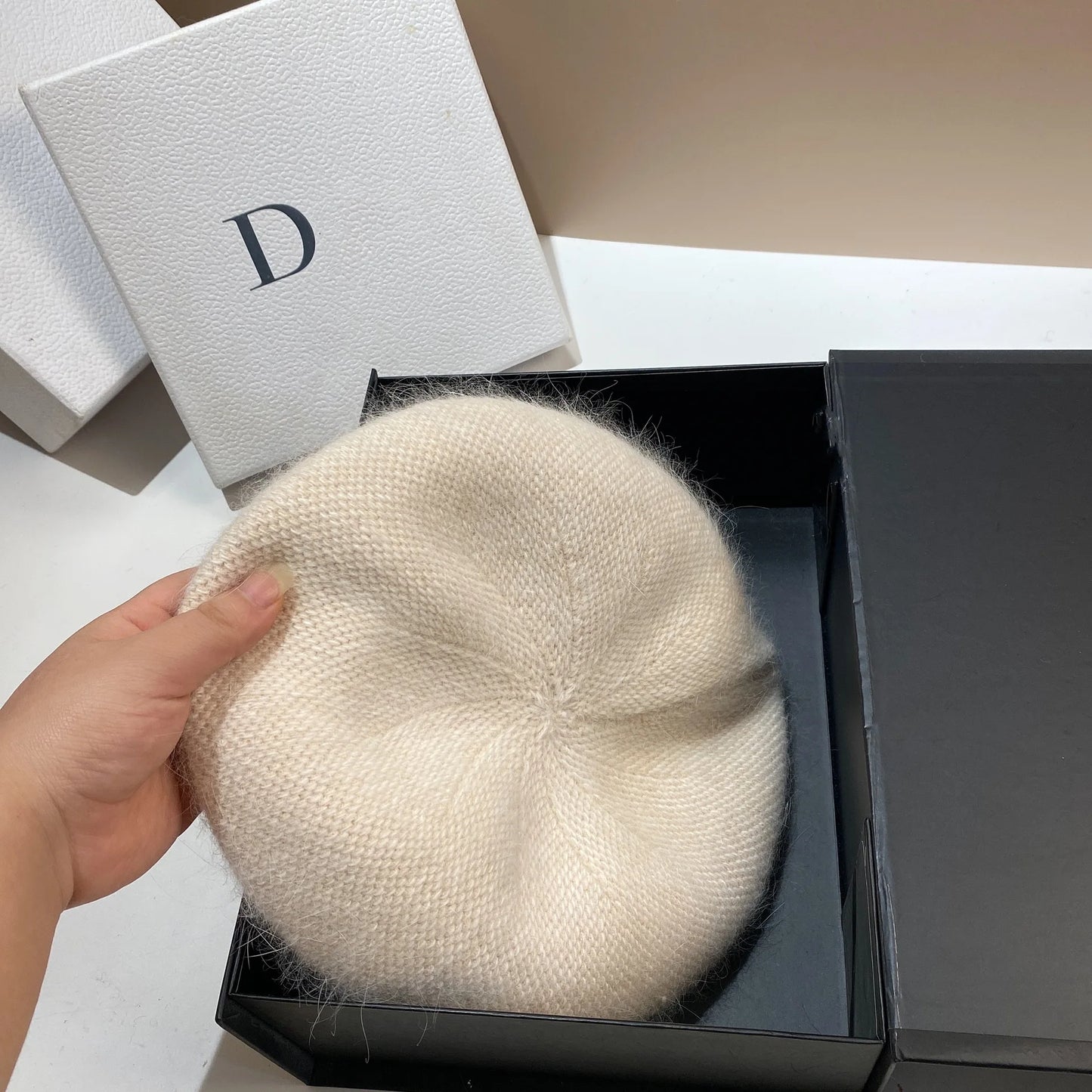 Angora Rabbit Fur Winter Women Knitted Beret Fashion Letter M