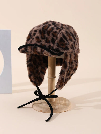 Winter Hats Woman Leopard Print Faux Fur Earflap Hat