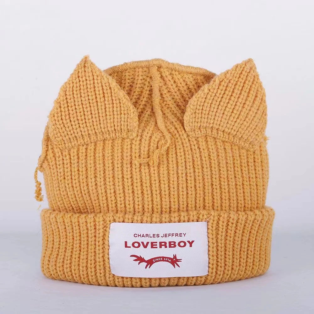 Lover Boy Cat Ear Knit Hat Solid Warm Pig Ear Woolen Hat