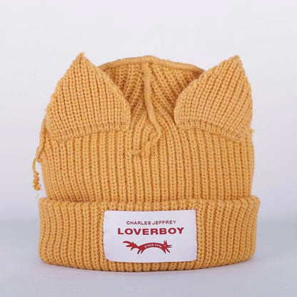 Lover Boy Cat Ear Knit Hat Solid Warm Pig Ear Woolen Hat