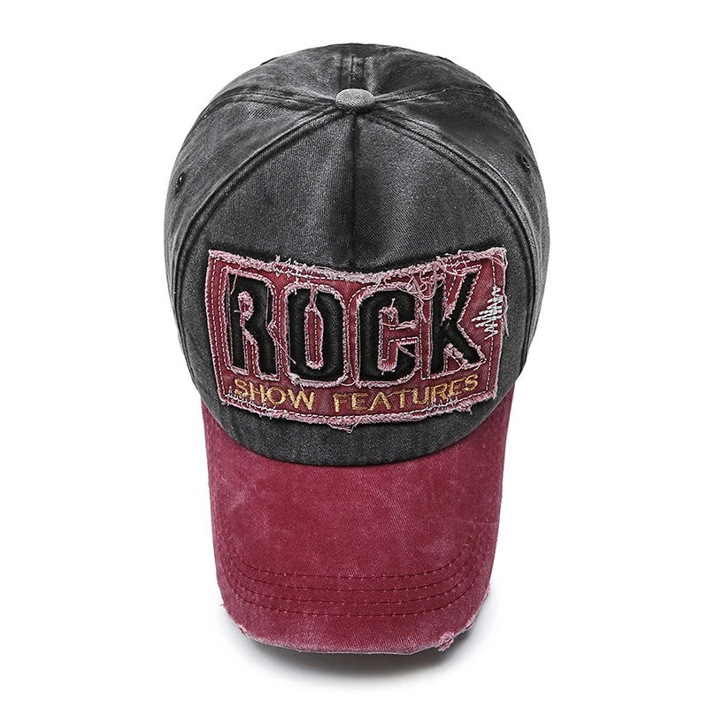 Rock Letters Embroidered Patch Ripped Brushed Washed Distressed Design Style Baseball Cap