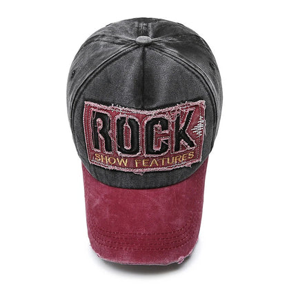 Rock Letters Embroidered Patch Ripped Brushed Washed Distressed Design Style Baseball Cap
