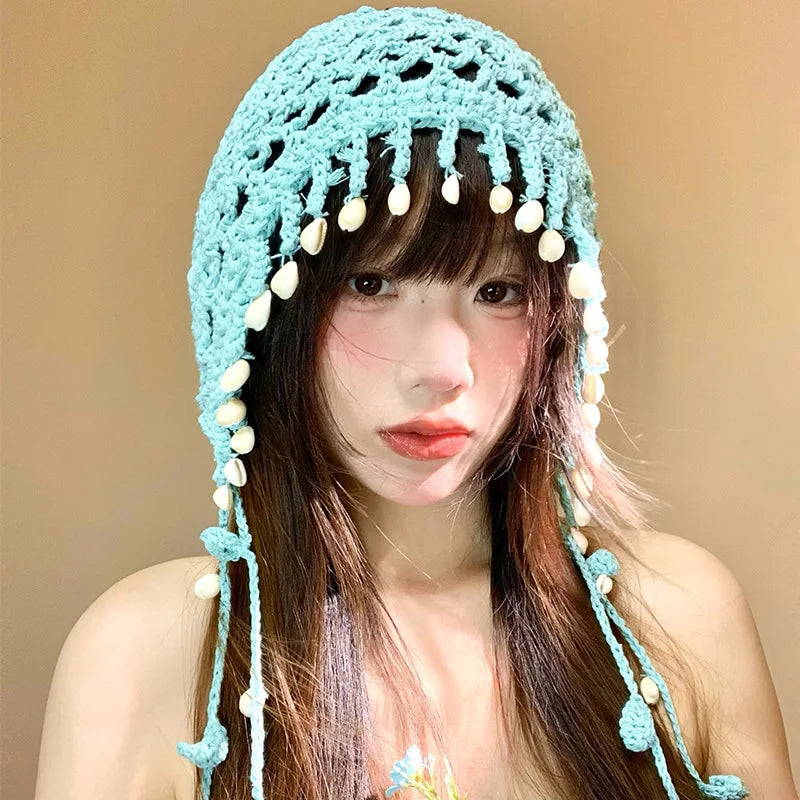 Bohemian Hand-Knitted Hollow Bald Beanie Hat Women's Summer Ethnic Style